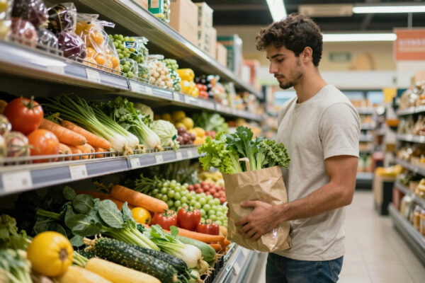 In un supermercato di Dubai un giovane mostra cosa riesce a portare a casa con 13 euro di ortaggi